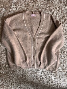 Pink Lily Soft Taupe Button Front Cardigan with Scallop Trim